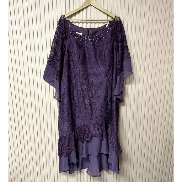 JJ's House Plum Chiffon Lace Cape Mermaid Dress with Sequins Beading Size 20W - Picture 3 of 10